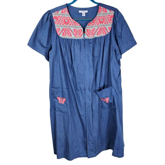 Go Softly Zip Patio Dress XL Blue Pink Butterfly Embroidered Pockets Cottagecore - Picture 1 of 8